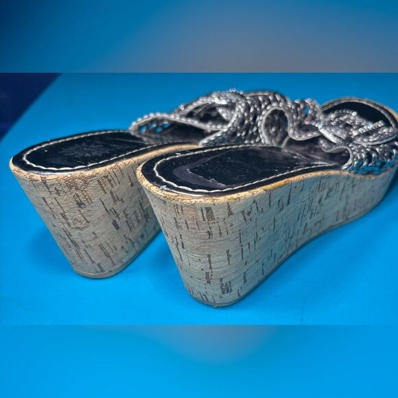 Yellow Box Braided Metallic Rhinestone Buckle Cork Wedge Sandals Size 8 EPC - Picture 5 of 8